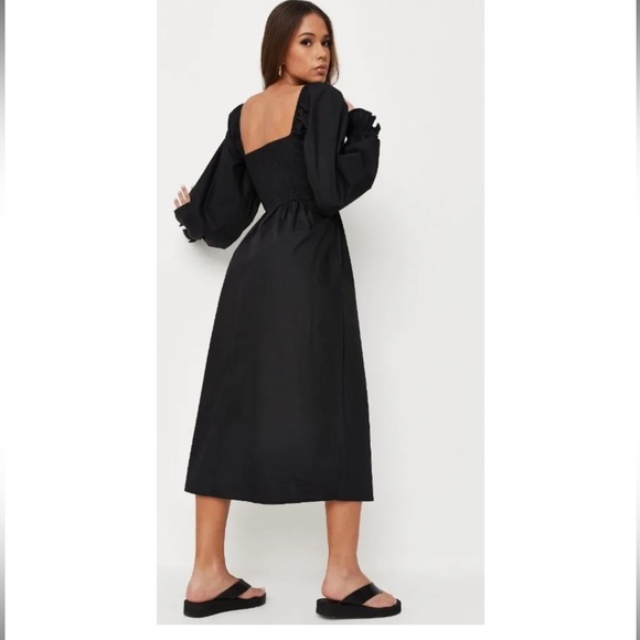 Misguided Smocked Black Midi Dress - Picture 2 of 8